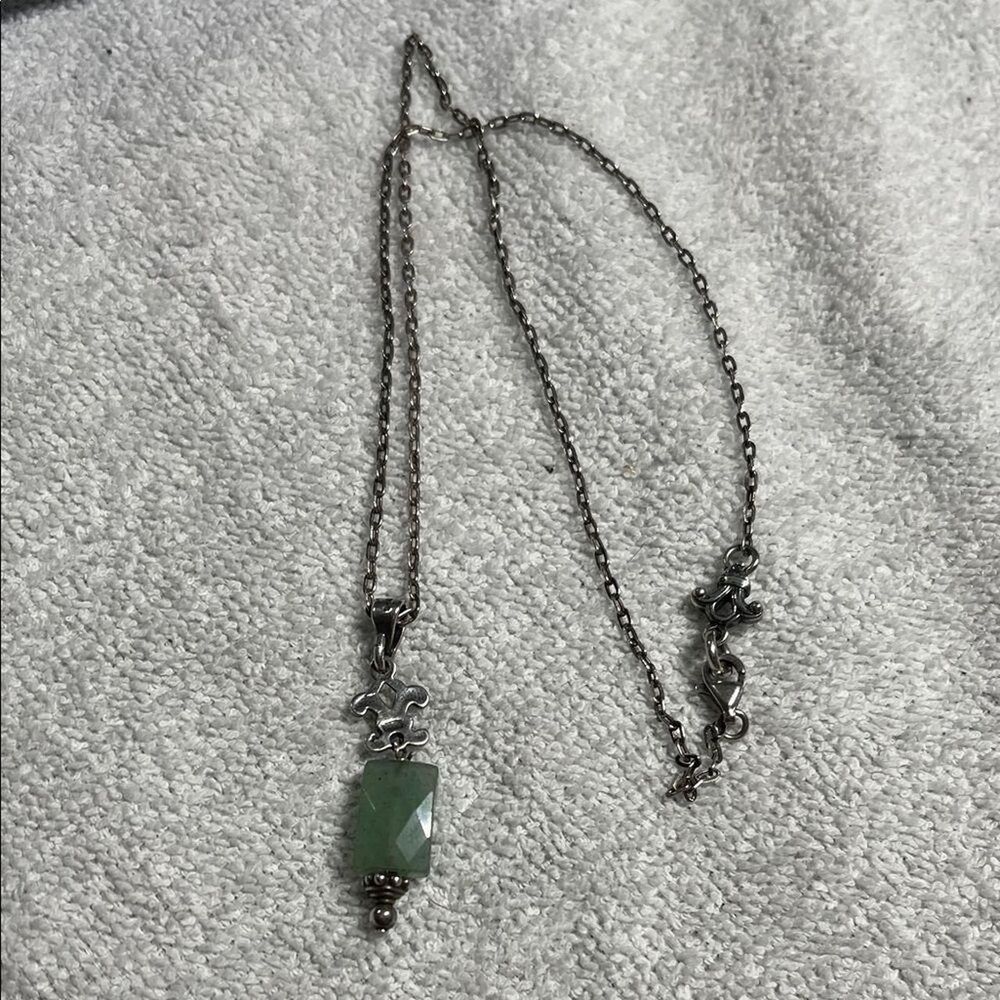 Vintage 925 Sterling Silver Fleur De Lis Green Pendant Necklace 18”
